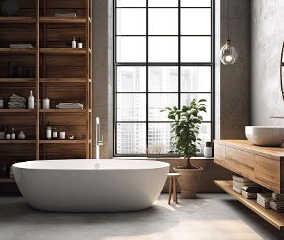 Designbadkamer met groot raam, bruine tegels en ruime badkuip.