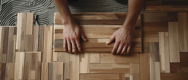 De handen van de vakman leggen bruine tegels in de keuken.