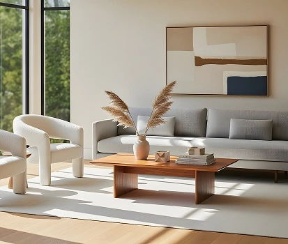 Lichte woonkamer met grote ramen, een zachte bank en twee fauteuils.