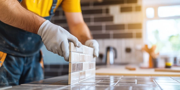 De handen van de vakman leggen kleine bruine tegels in de keuken.