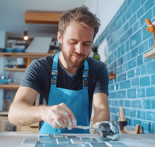 Een man in een blauwe bouwpakket legt kleine tegels in de keuken.