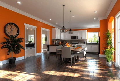 Grote en lichte keuken gecombineerd met eetkamer. Felle oranje muren en witte keukeninrichting.