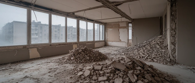 Grote ruimte in renovatie met gesloopte muren.