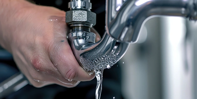 De handen van de vakman repareren de leiding onder de gootsteen.