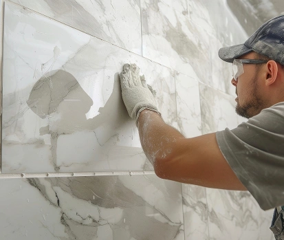 Een man in een bouwpak en een blauwe pet legt tegels in de badkamer.